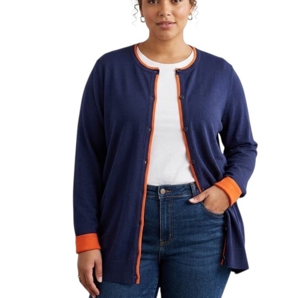 Merona Womens Navy & Orange Contrast Trim Button‎ Front Cardigan Sweater Size 1X